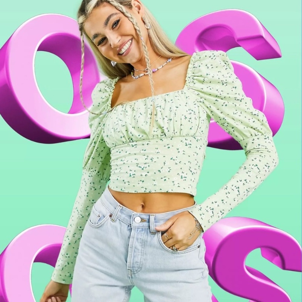 ASOS DESIGN square neck ruched bust long sleeve top in pastel floral